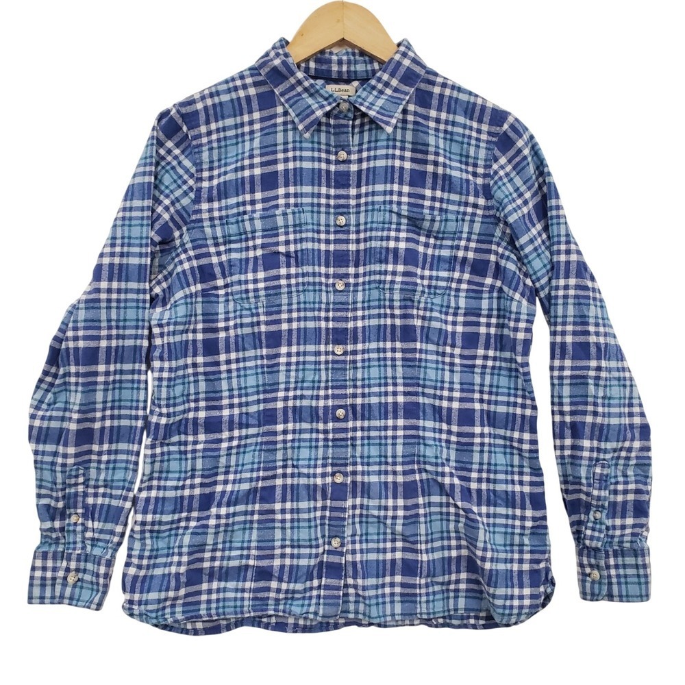 LL Bean Plaid Button Up Shirt Womens Medium Blue Long Sleeve Cotton‎ Flannel